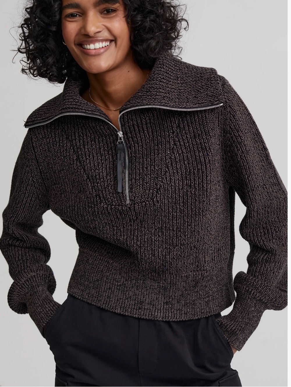 Varley Mentone Chocolate Speckled Zip-Neck Knit Pullover